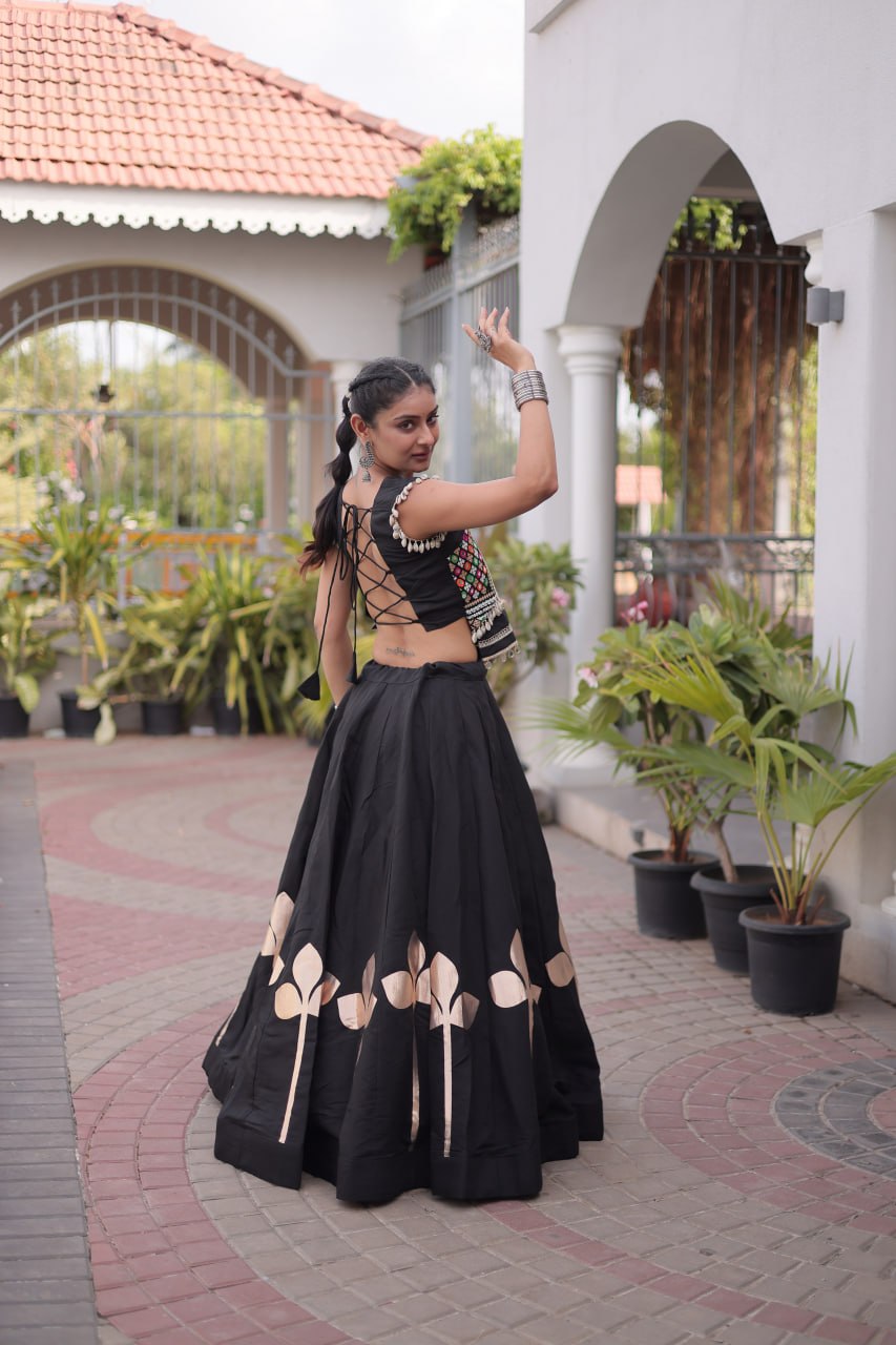 Premium Roman Silk Navratri Lehenga Choli with Pan-Patti Gota & Mirror Lace Work