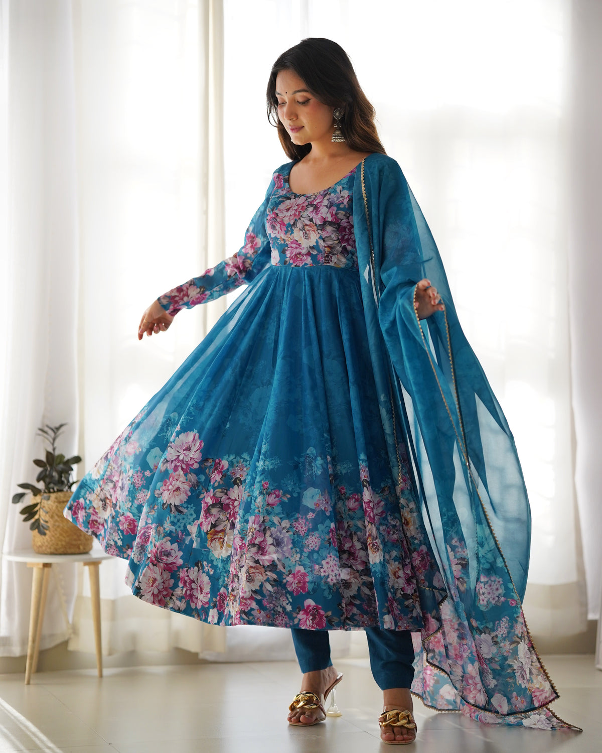 Premium Organza Silk Printed Anarkali Gown with Kali Flare, Canvas Patta & Gota Patti Dupatta