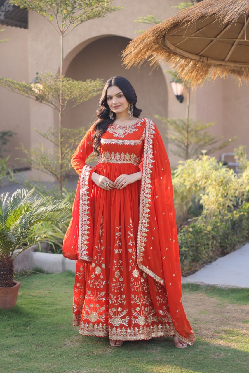 Premium Faux Blooming Georgette Embroidered Gown with Dupatta