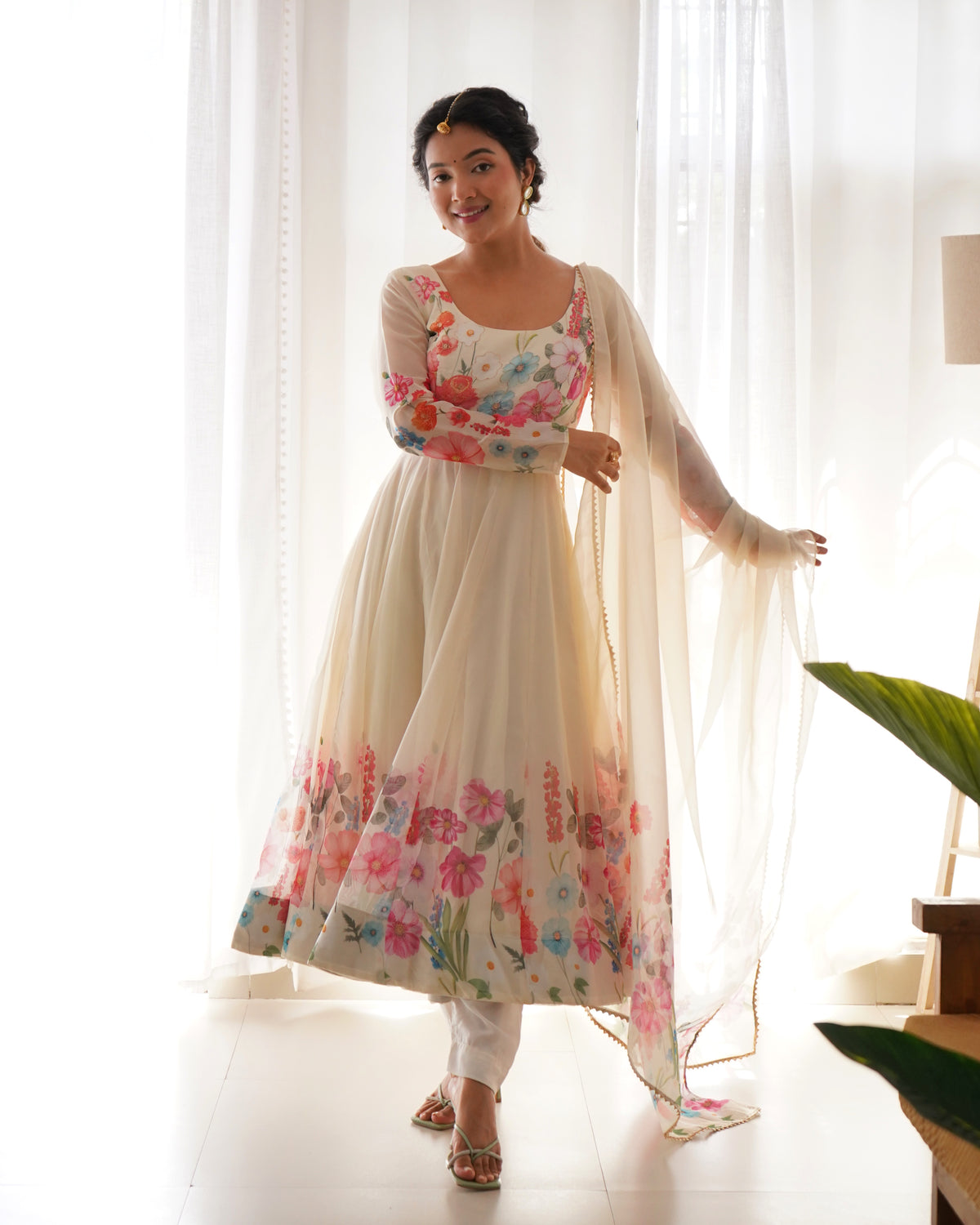 Premium Organza Silk Printed Anarkali Suit Set with Badla Jari & Gota Patti Work