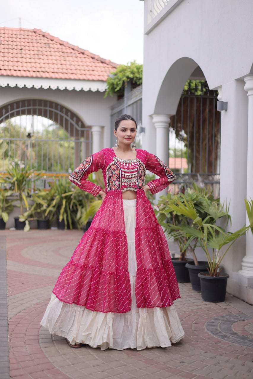 Premium Kora Cotton Navratri Lehenga with Laheriya Print & Kutchi Patchwork Kurti