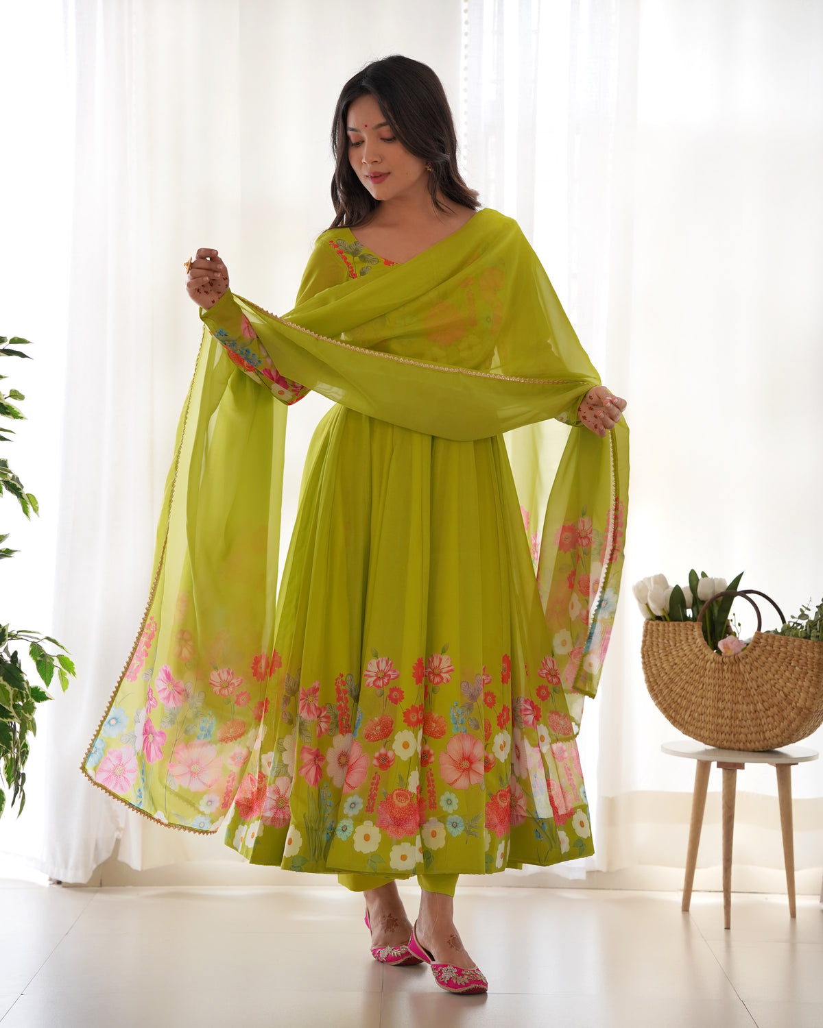 Premium Organza Silk Printed Anarkali Suit Set with Badla Jari & Gota Patti Work