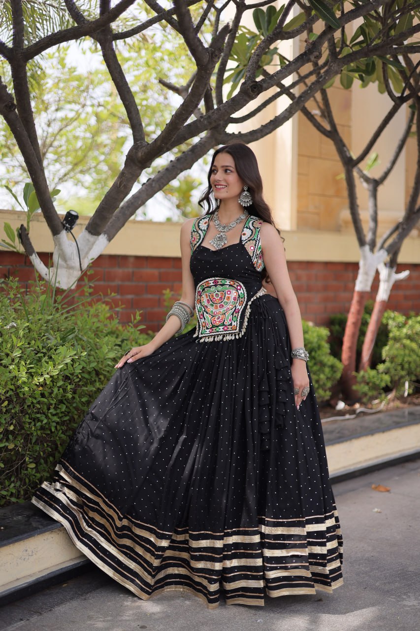 Reyon Navratri Lehenga Choli with Mukesh & Gamthi Mirror Work