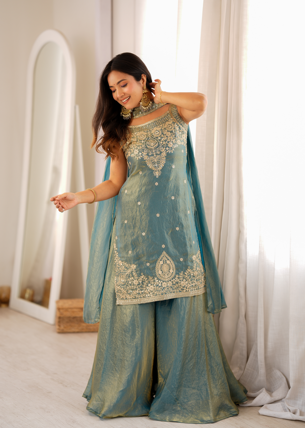 Premium Fendy Silk Embroidered Sharara Set with Dupatta