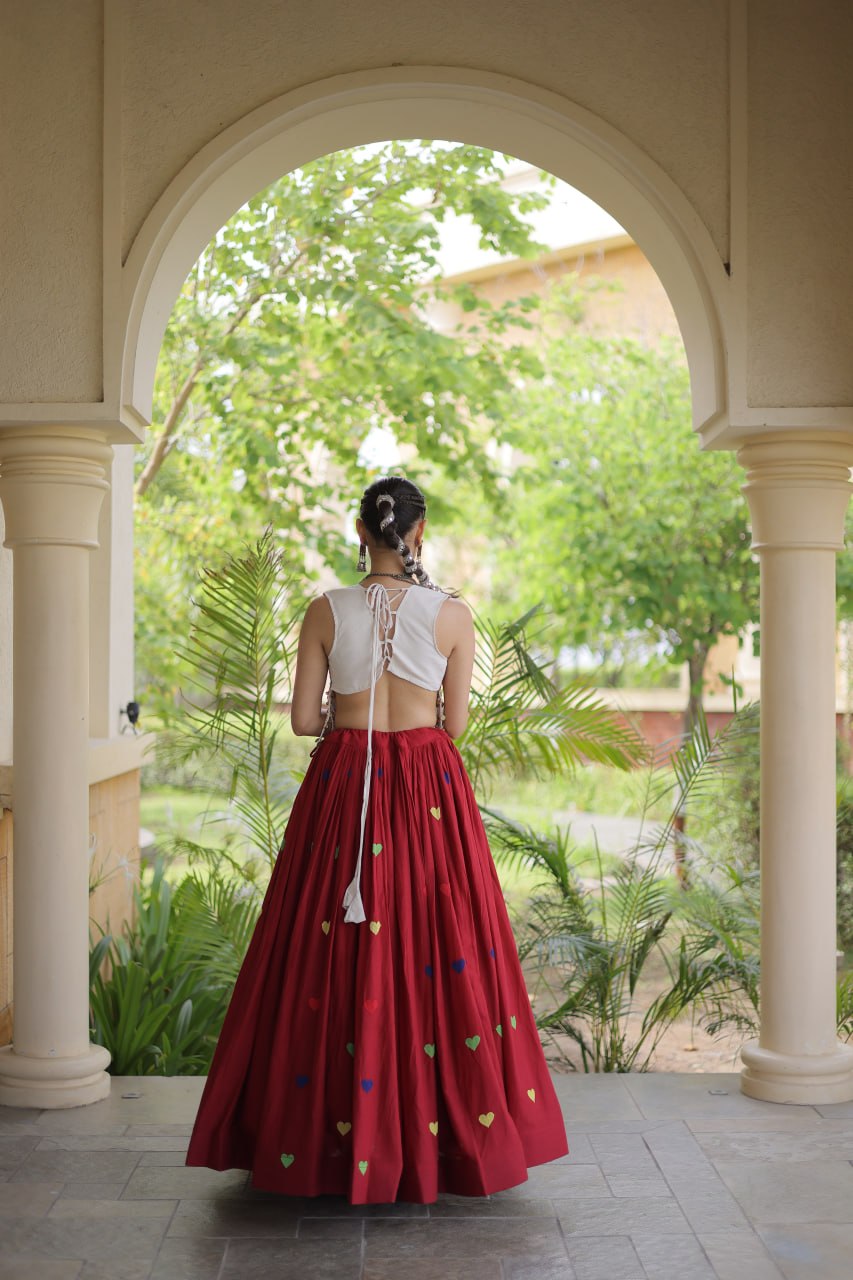 Premium Cora Cotton Navratri Lehenga Choli with Heart Thread Embroidery & Gamthi Mirror Work