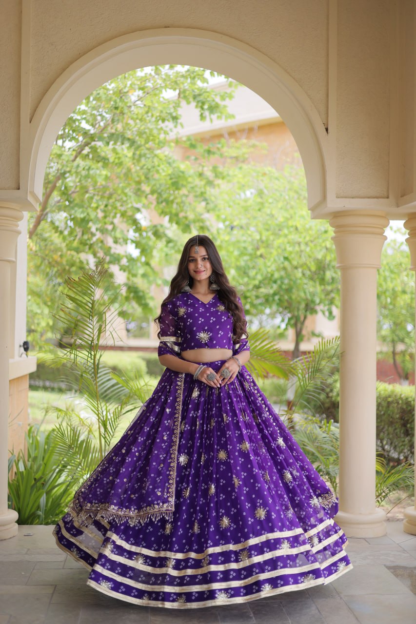 Premium Faux Georgette Bandhej Print Lehenga Choli with Embroidery & Dupatta