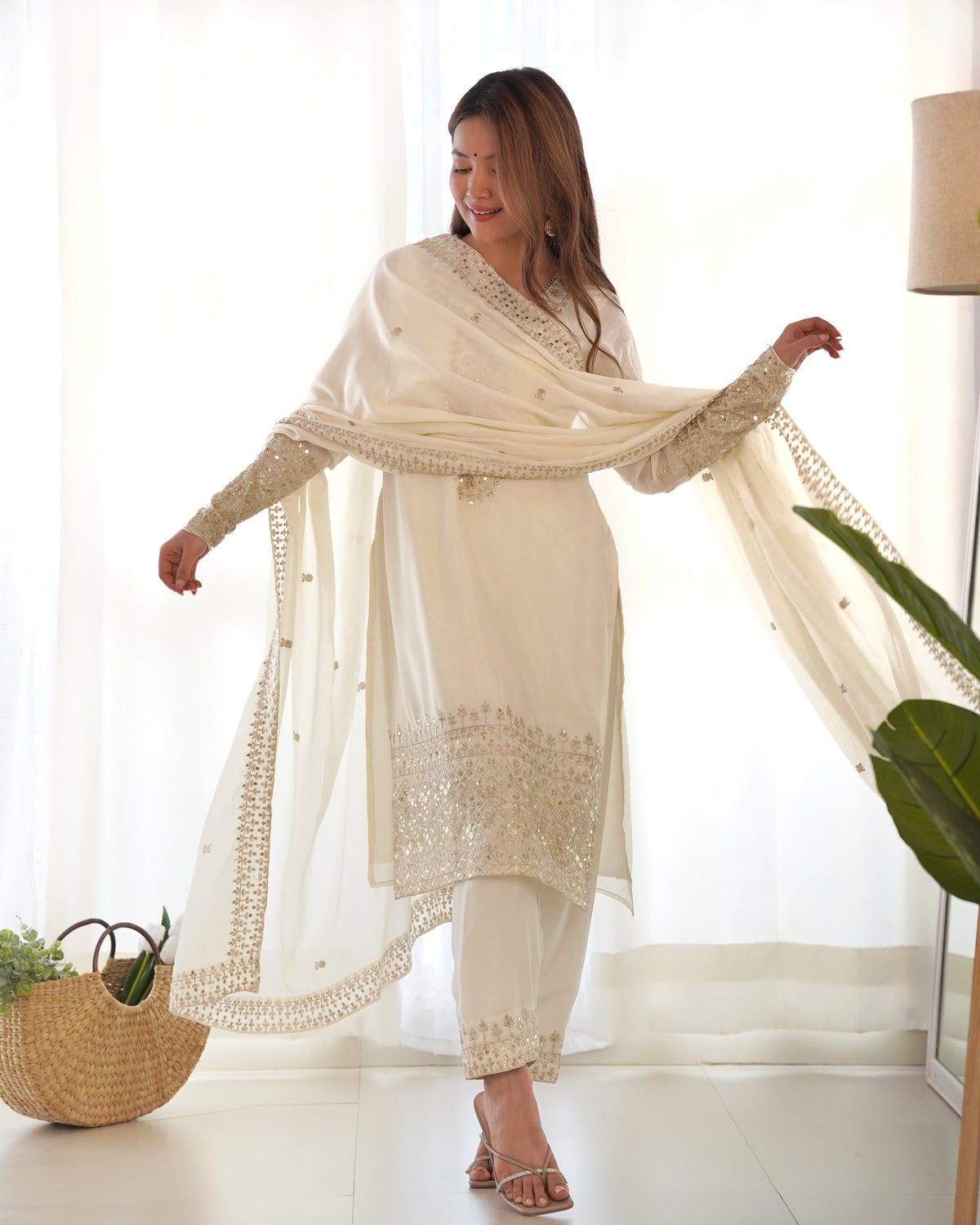 Premium Chinon Silk Straight Fit Kurta Set with Embroidery, Sequin & Jari Work