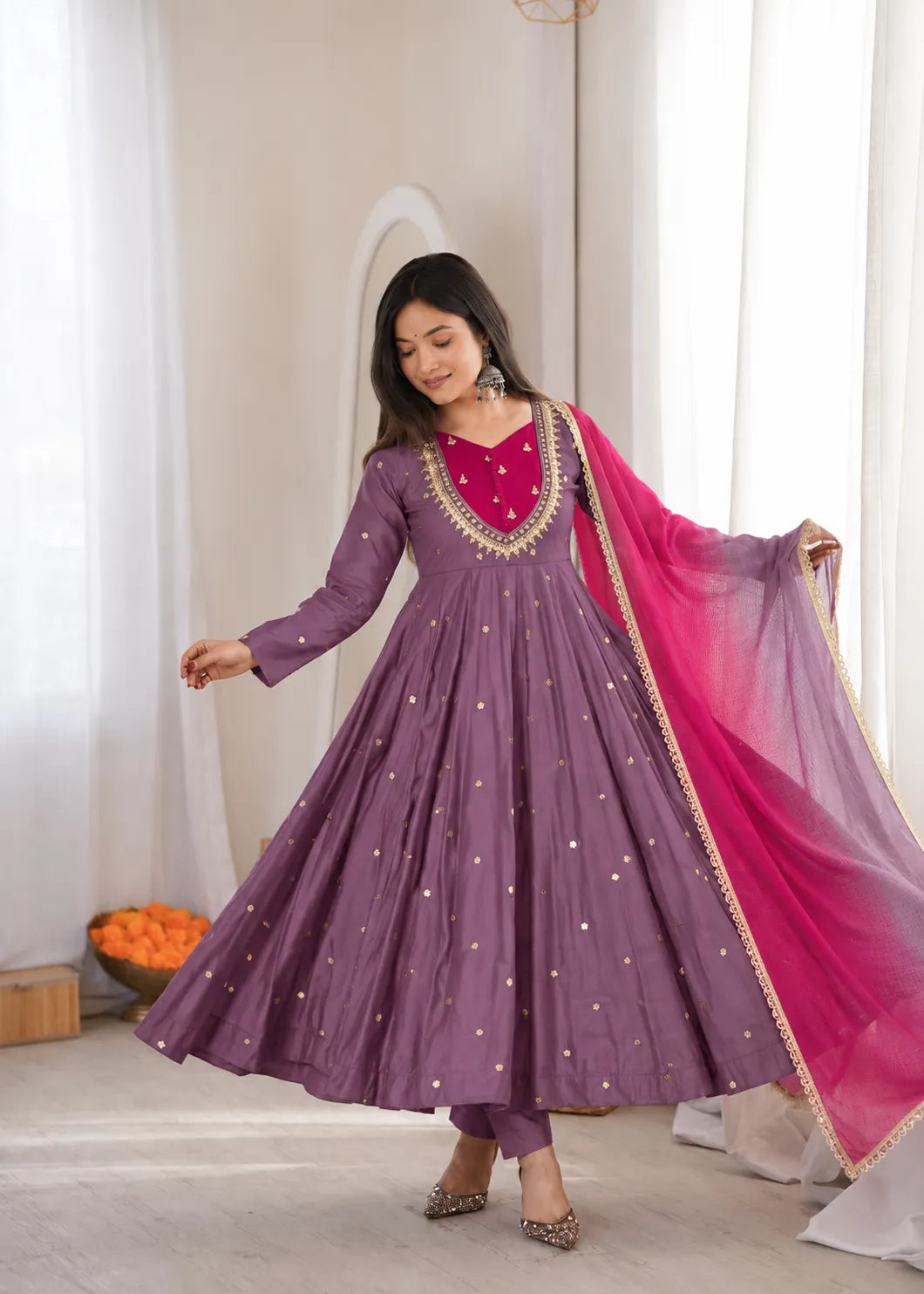 Premium Roman Silk Anarkali Gown with Embroidery, Sequin & Real Mirror Work