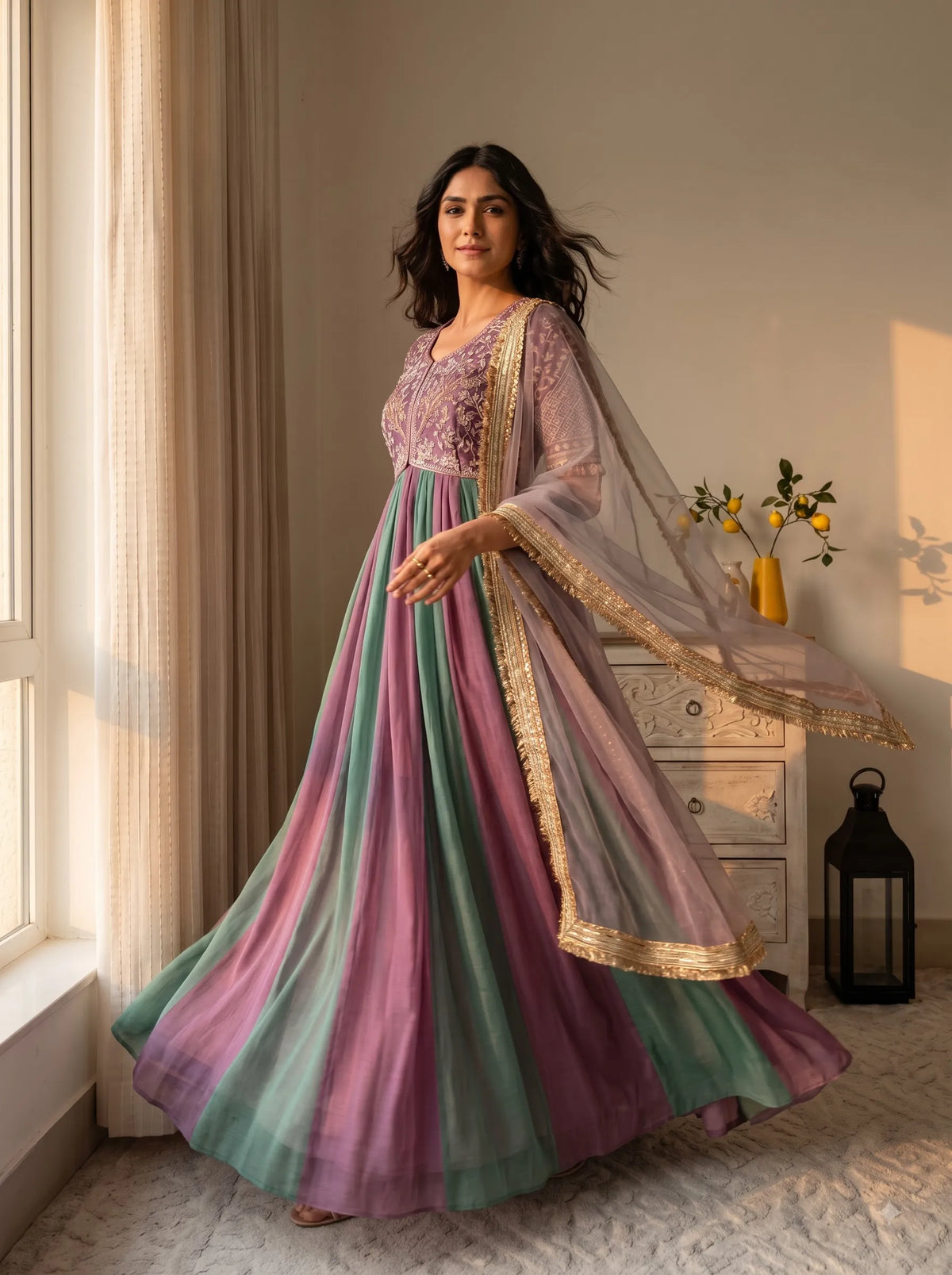 Premium NC Moss Silk Gown with Embroidery, Beads & Tassel Sleeves