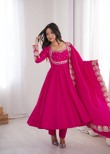 Premium Roman Silk Anarkali Gown with Embroidery & Sequin Work