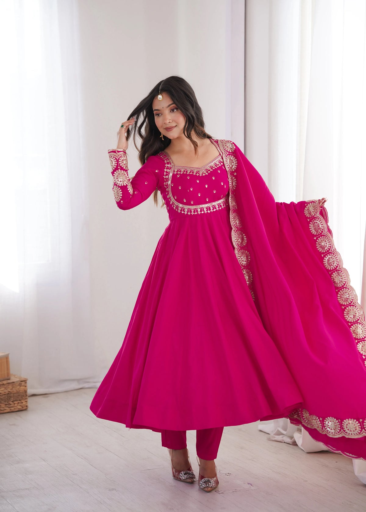 Premium Roman Silk Anarkali Gown with Embroidery & Sequin Work
