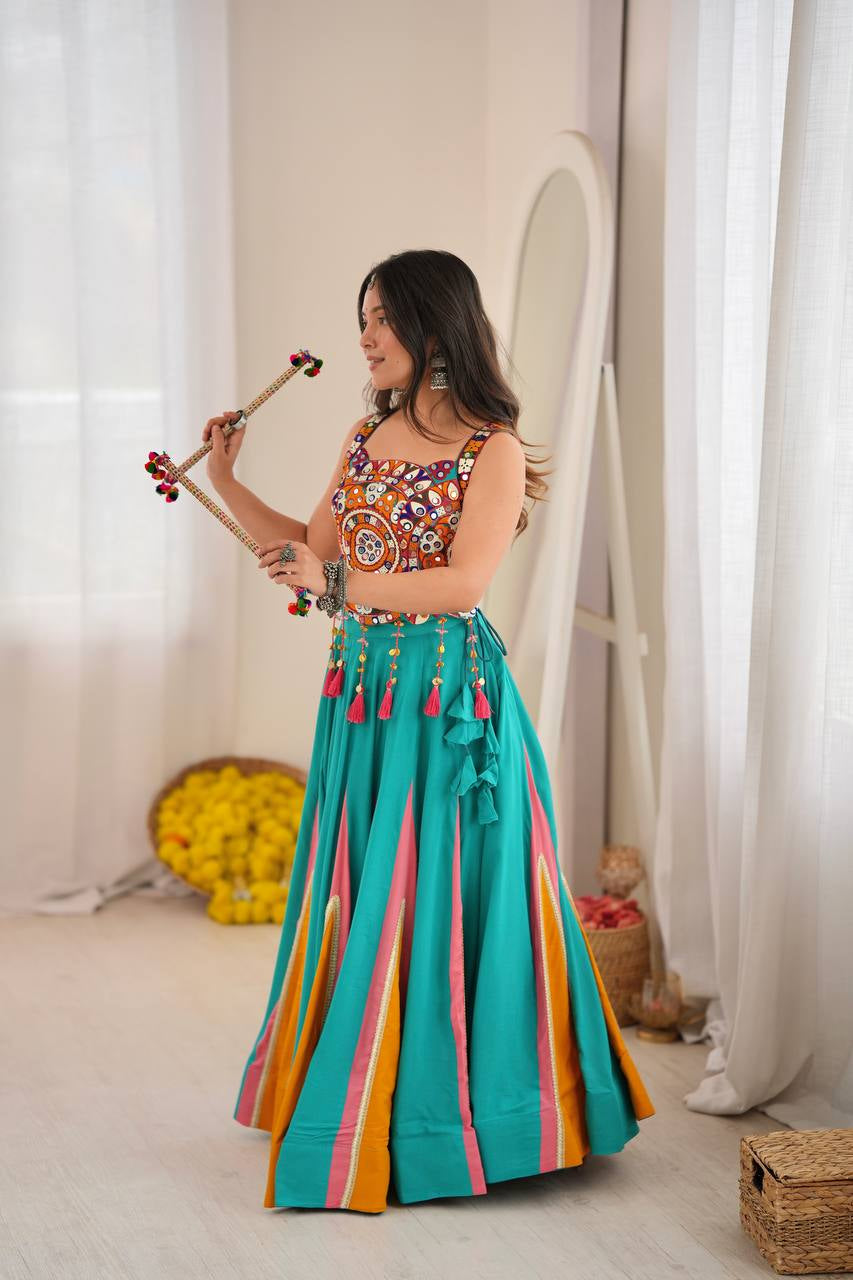 Premium Heavy Rayon Lehenga Choli with Fancy Lagdi Patta Lace & Real Mirror Work