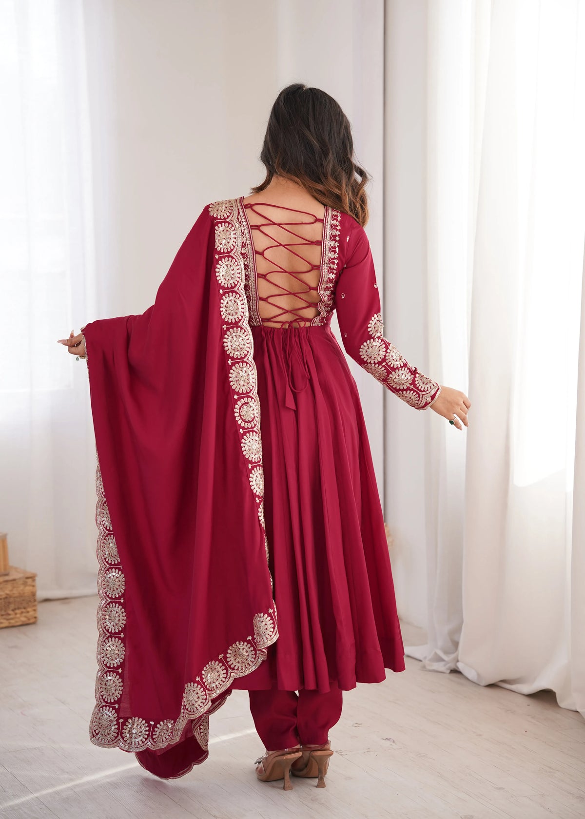 Premium Roman Silk Anarkali Gown with Embroidery & Sequin Work