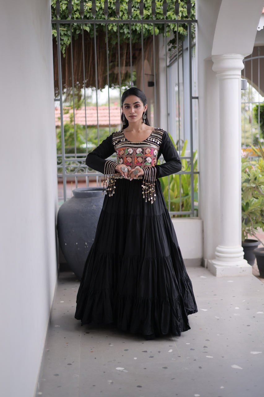 Reyon Navratri Gown with Kutchi Gamthi Embroidery & Mirror Work