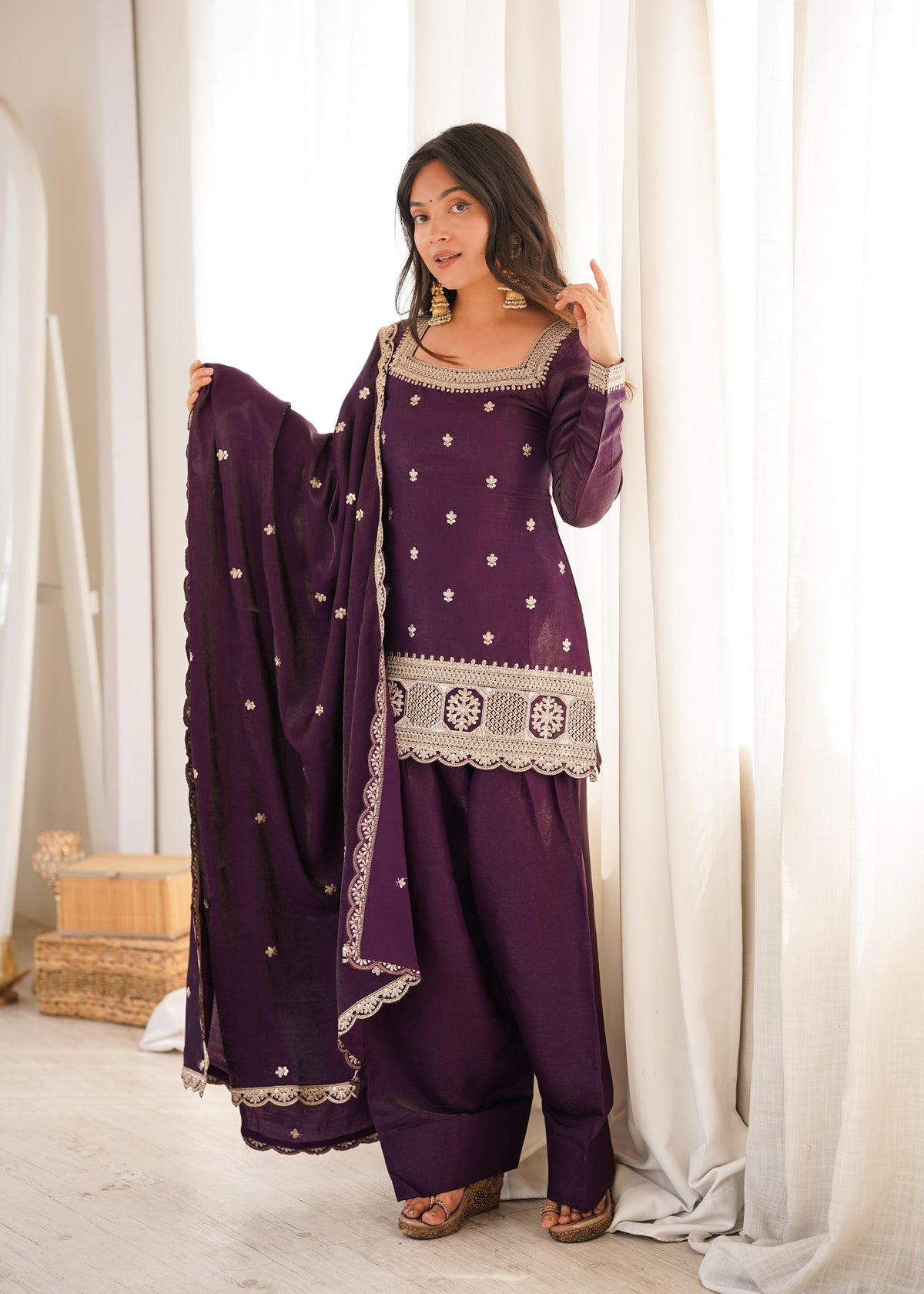 Premium Glass Roman Silk Top & Farshi Shalwar Set with Embroidery, Sequin, Dori & Jari Work