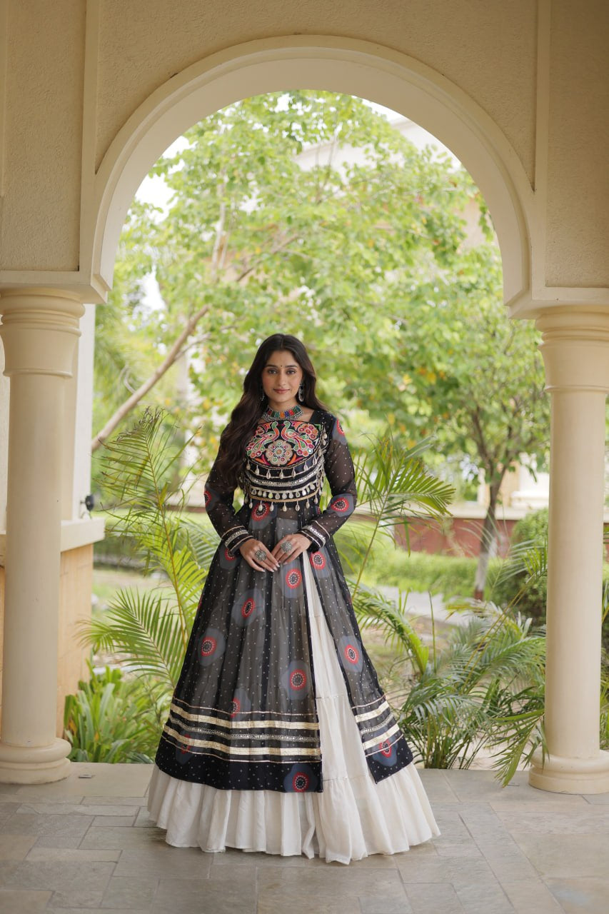 Premium Kora Cotton Navratri Lehenga with Bandhani Print & Kutchi Patchwork Kurti