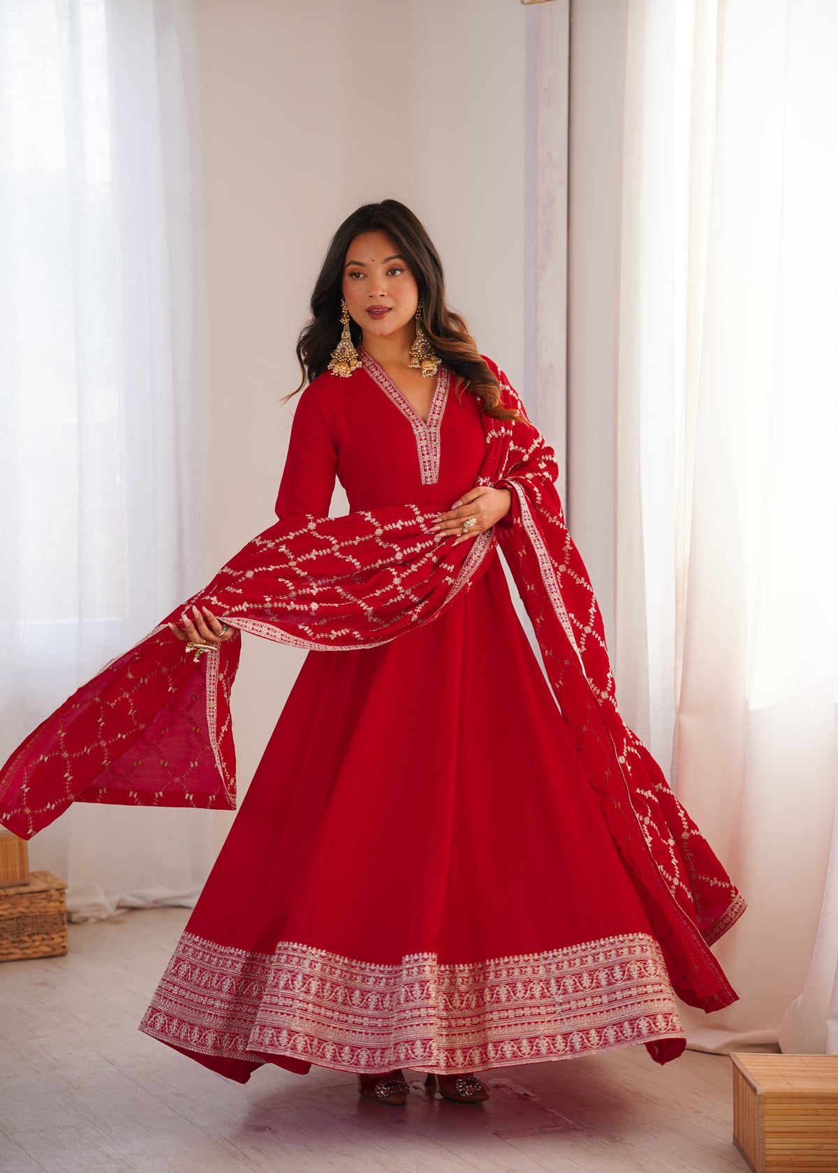 Premium Blooming Vichitra Silk Anarkali Gown with Embroidery, Sequin, Dori & Jari Work