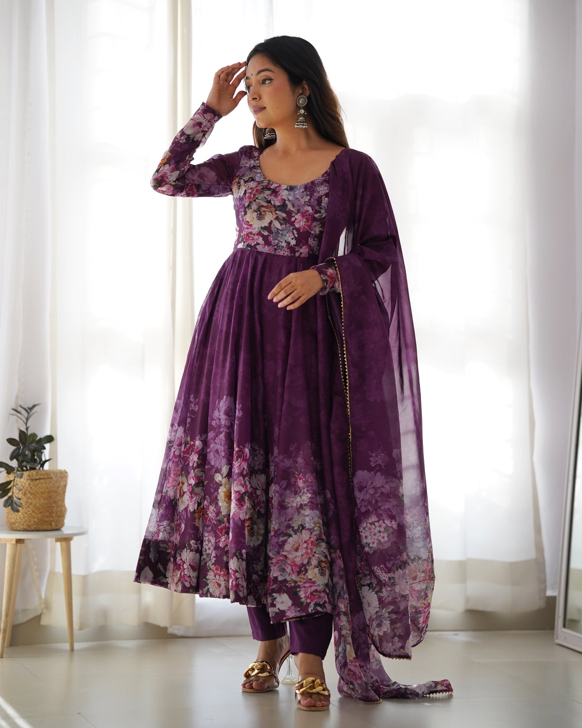 Premium Organza Silk Printed Anarkali Gown with Kali Flare, Canvas Patta & Gota Patti Dupatta