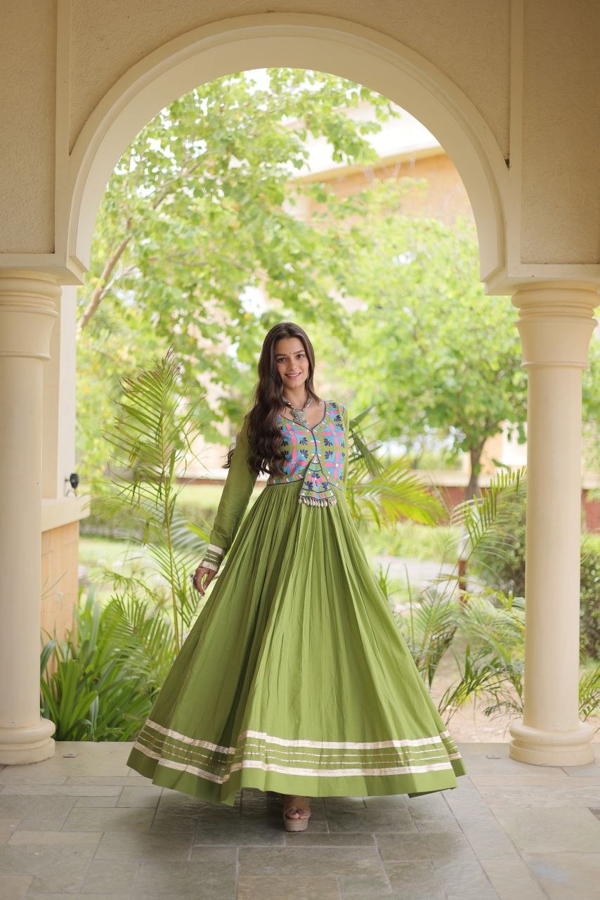 Premium Kora Cotton Navratri Gown with Multi-Thread Embroidery, Gota Patti, Mirror & Codi Lace Work