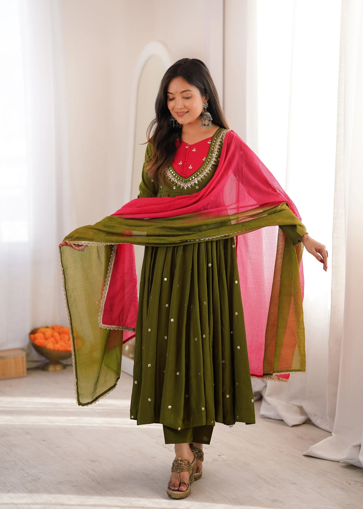 Premium Roman Silk Anarkali Gown with Embroidery, Sequin & Real Mirror Work