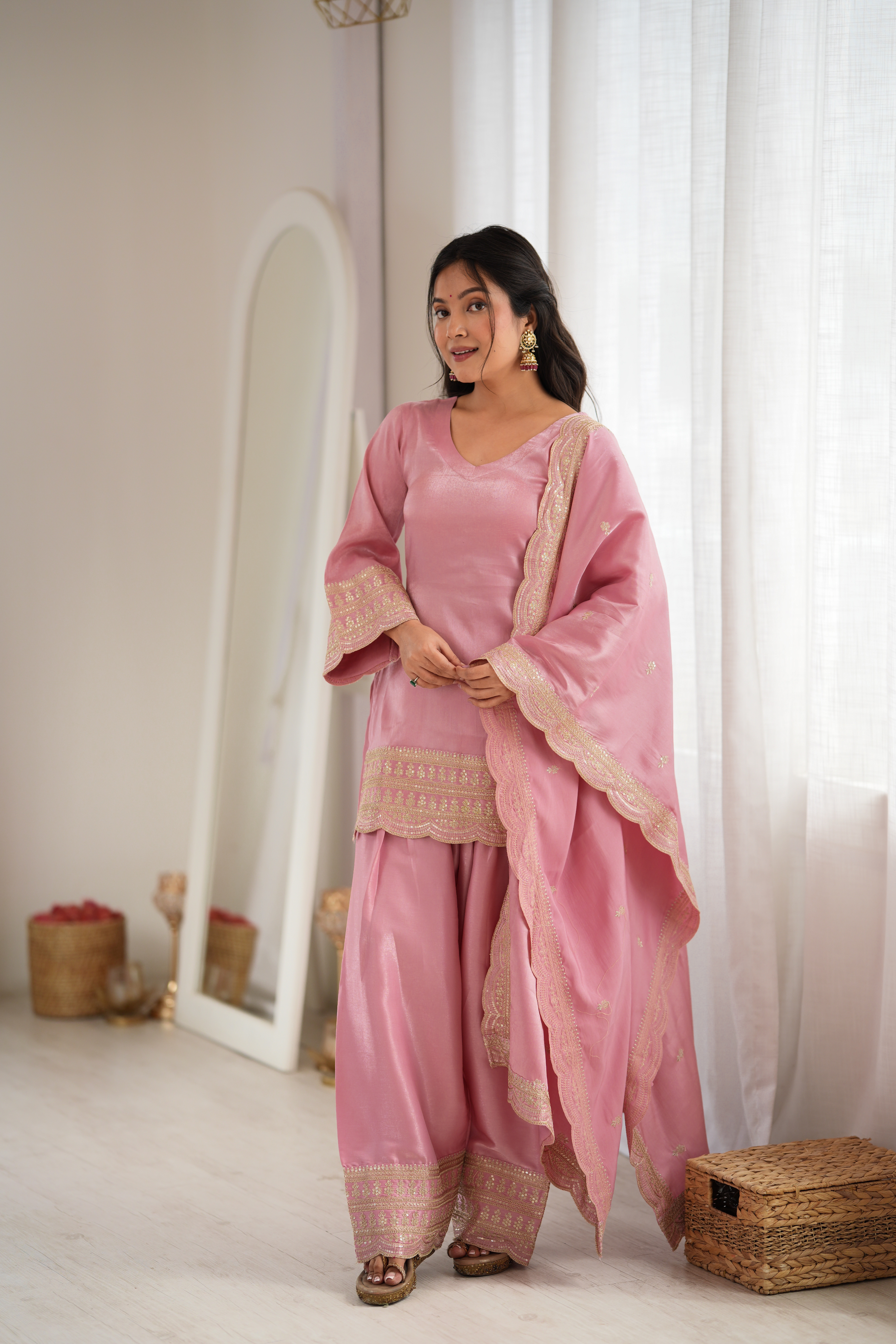 Premium Glass Roman Silk Embroidered Farshi Shalwar Set with Dupatta