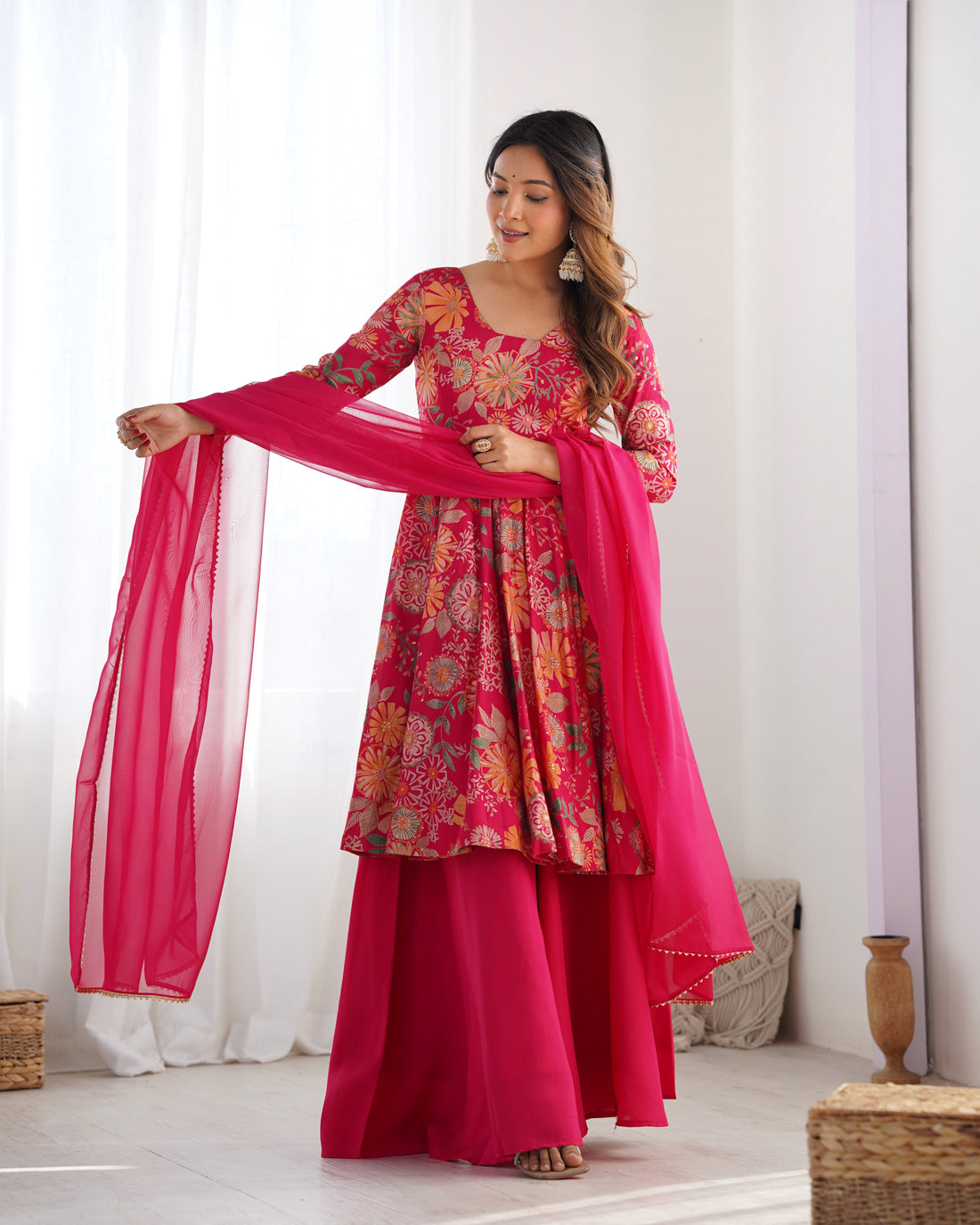 Premium Roman Silk Chanderi Discharge Print Kediya Kurta Set with Organza Dupatta & Palazzo
