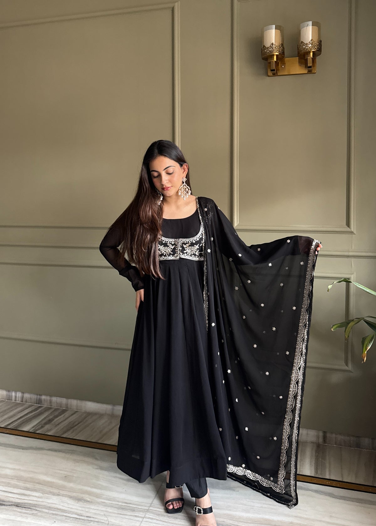 Premium Fox Georgette Anarkali Gown with Koti, Embroidery, Sequin & Jari Work