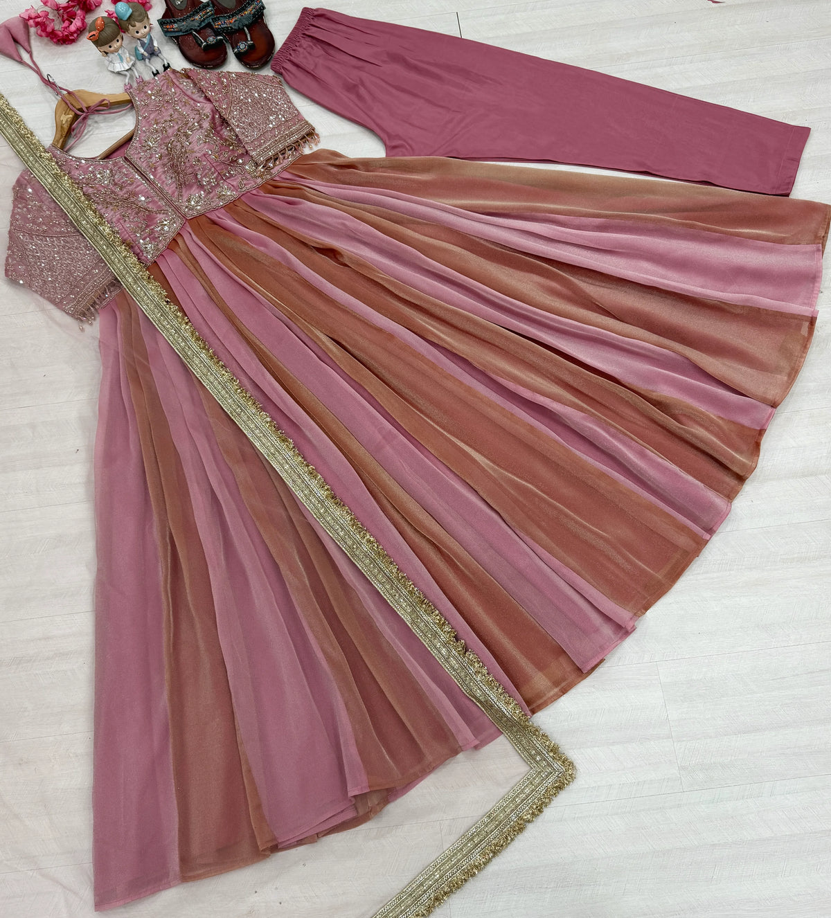 Premium NC Moss Silk Gown with Embroidery, Beads & Tassel Sleeves