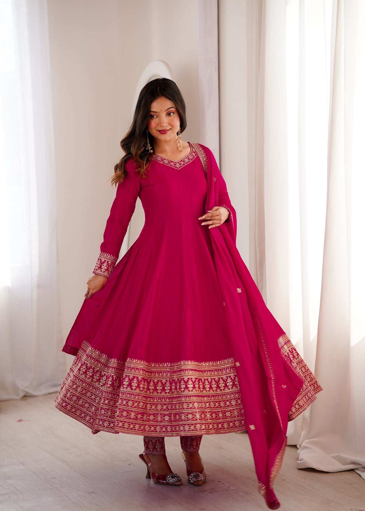 Premium Blooming Vichitra Silk Anarkali Gown Set with Embroidery, Sequin, Dori & Jari Work