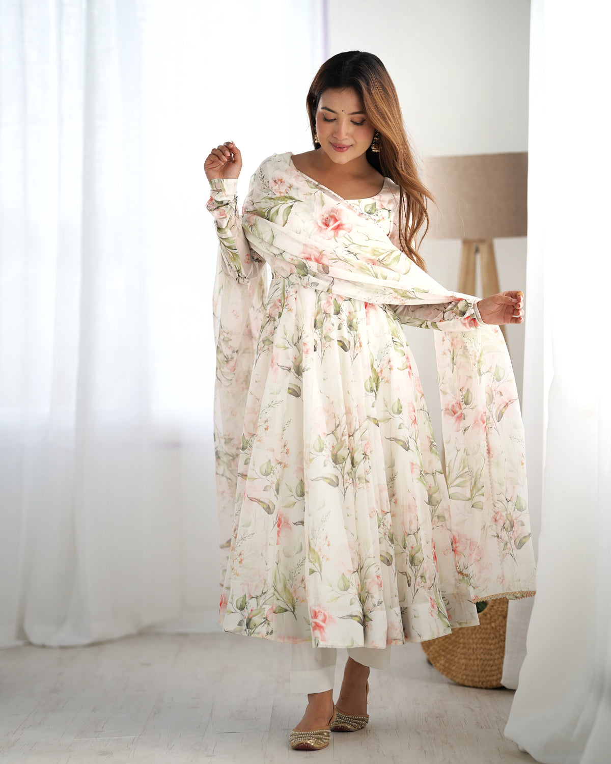 Premium Organza Silk Printed Anarkali Gown with Kali Flare, Canvas Patta & Gota Patti Dupatta