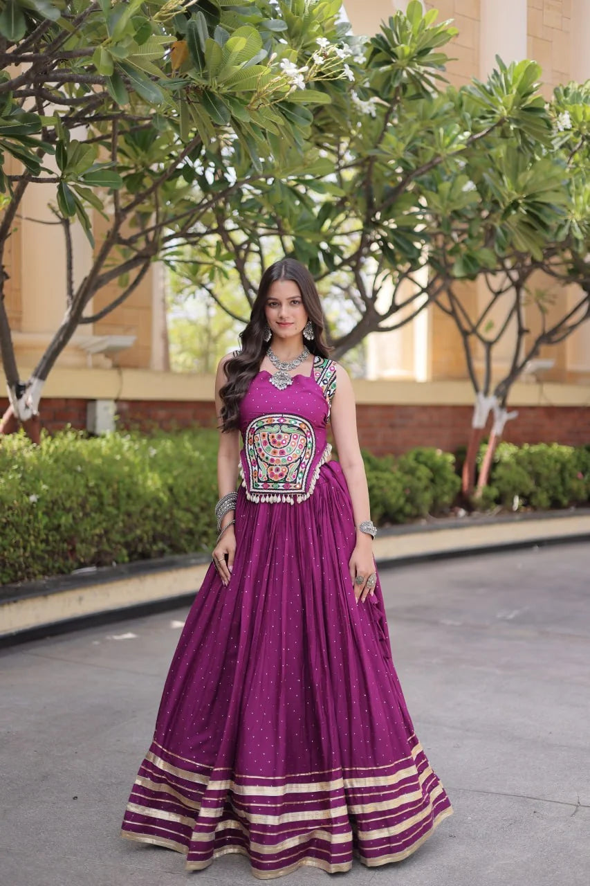 Reyon Navratri Lehenga Choli with Mukesh & Gamthi Mirror Work