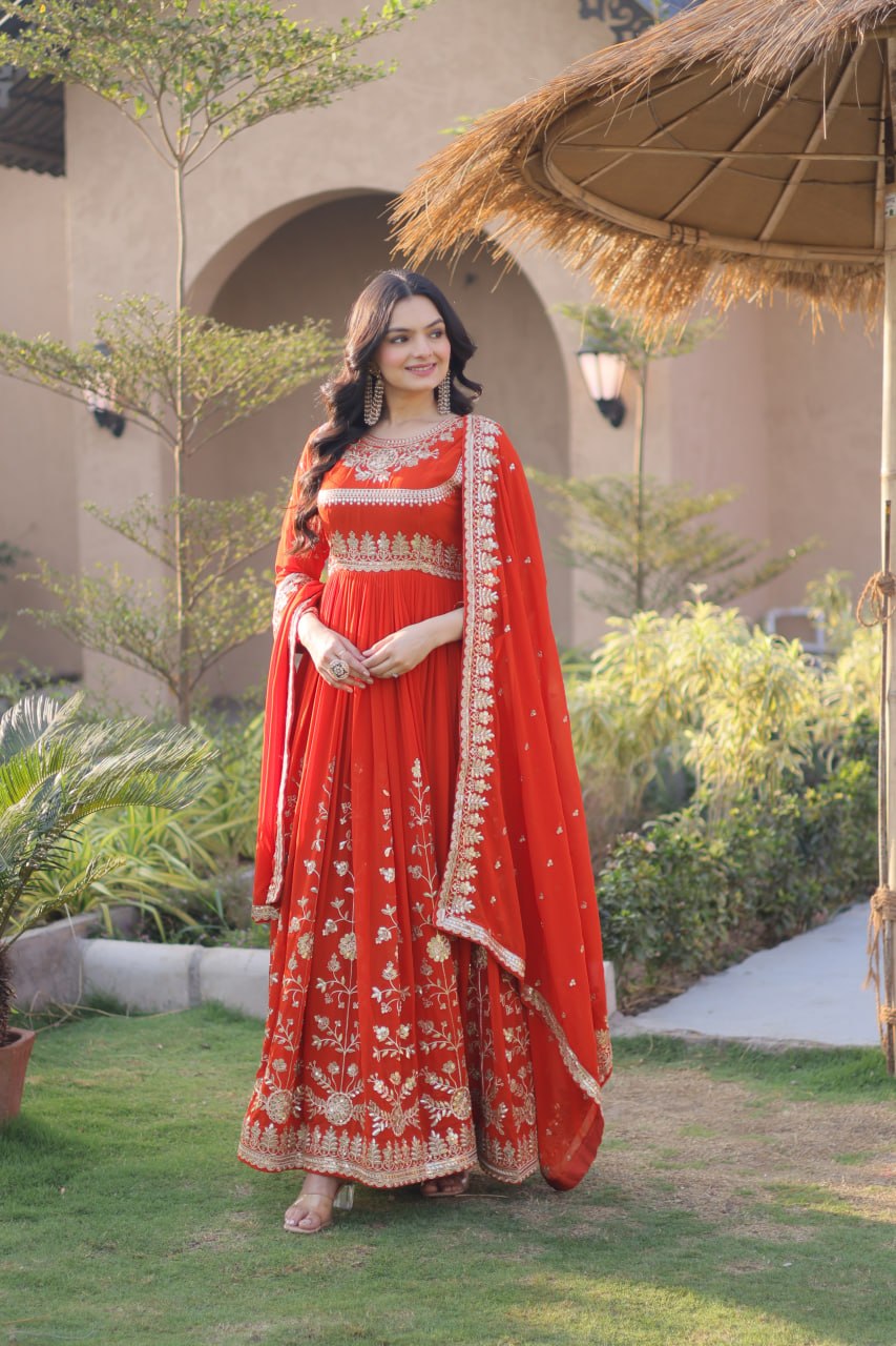 Premium Faux Blooming Georgette Embroidered Gown with Dupatta
