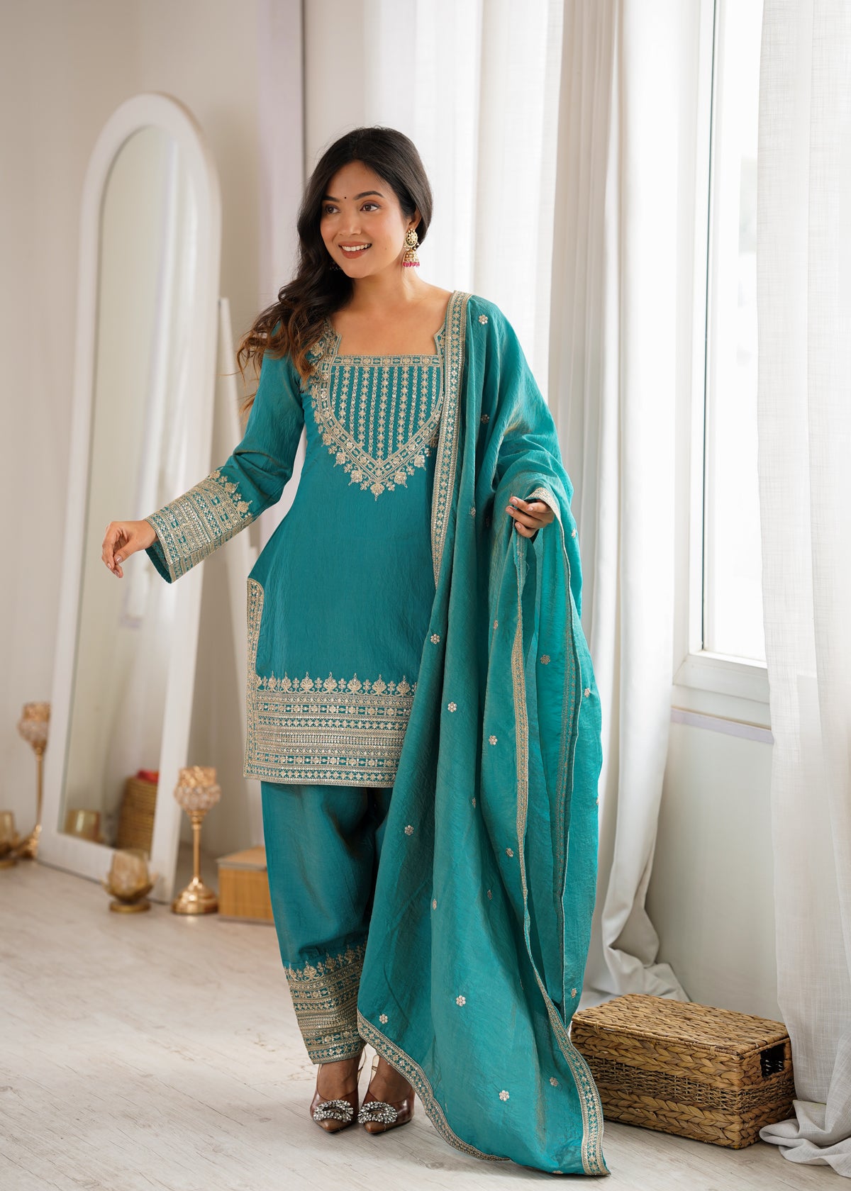 Premium NC Vichitra Silk Top & Farshi Shalwar Set with Embroidery, Dori & Jari Work