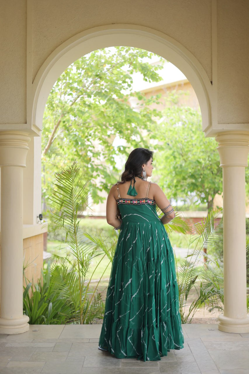 Premium Faux Georgette Navratri Gown with Laheriya Print & Kutchi Patchwork