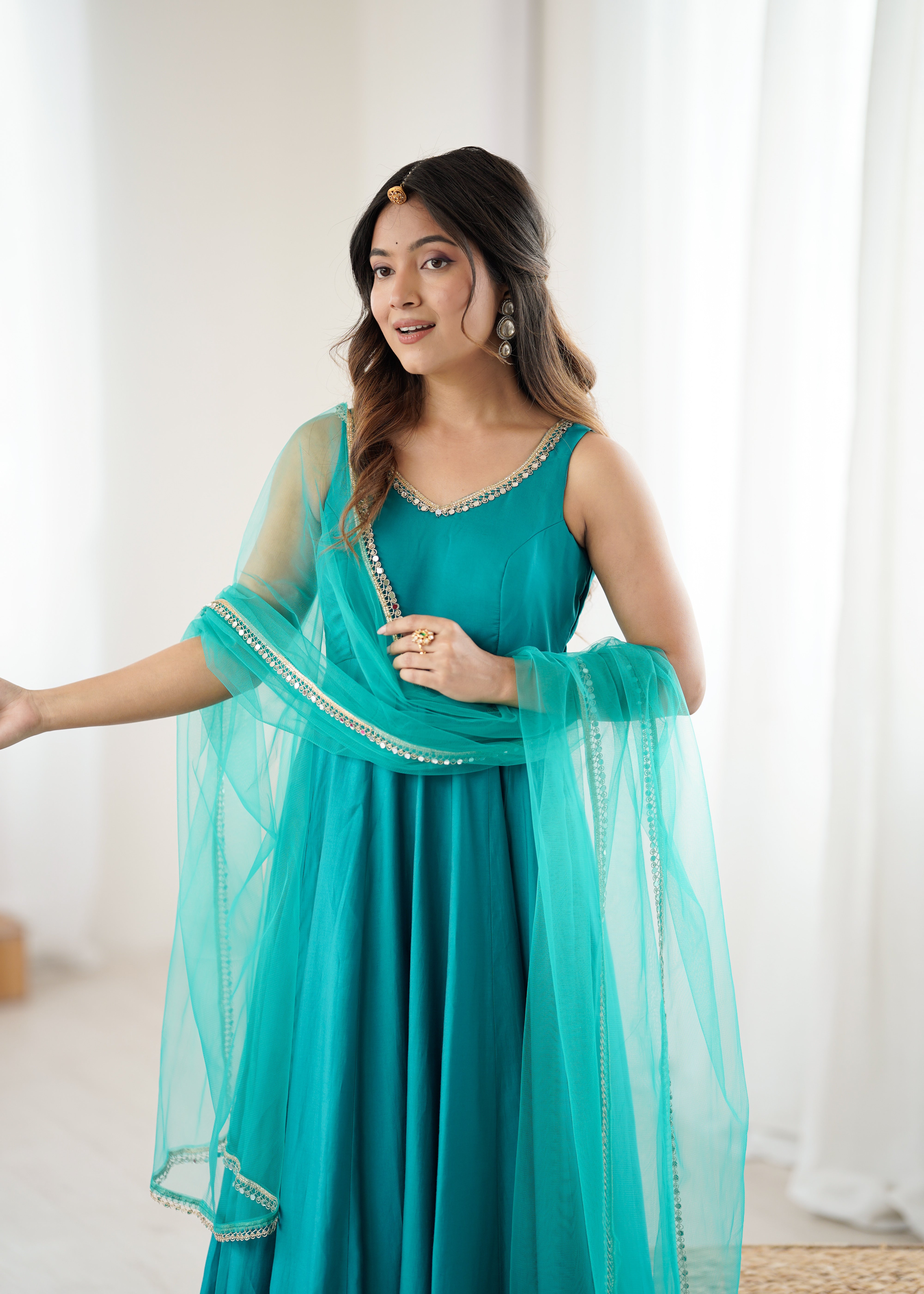 Premium Pure Romansilk Chanderi 4 Meter Flared Anarkali Gown Set