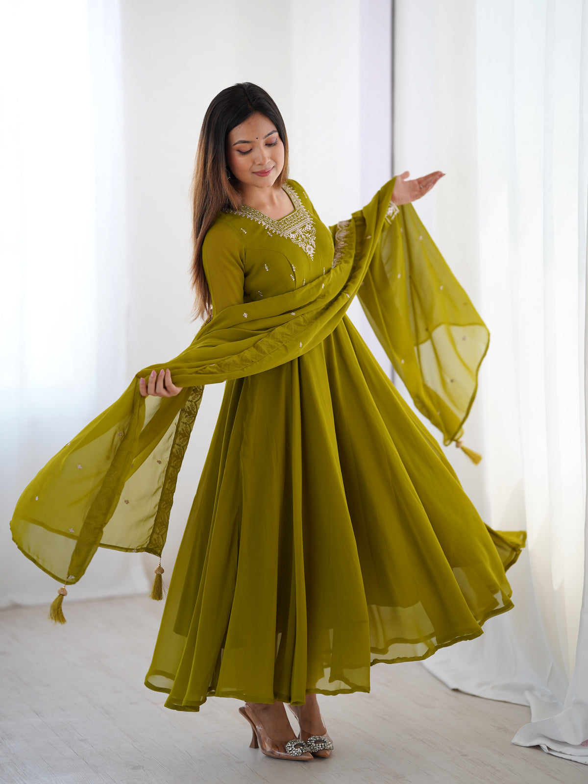 Premium Fox Georgette Anarkali Suit with Beads, Jari Work, 6.5 Meter Flair & Embellished Dupatta