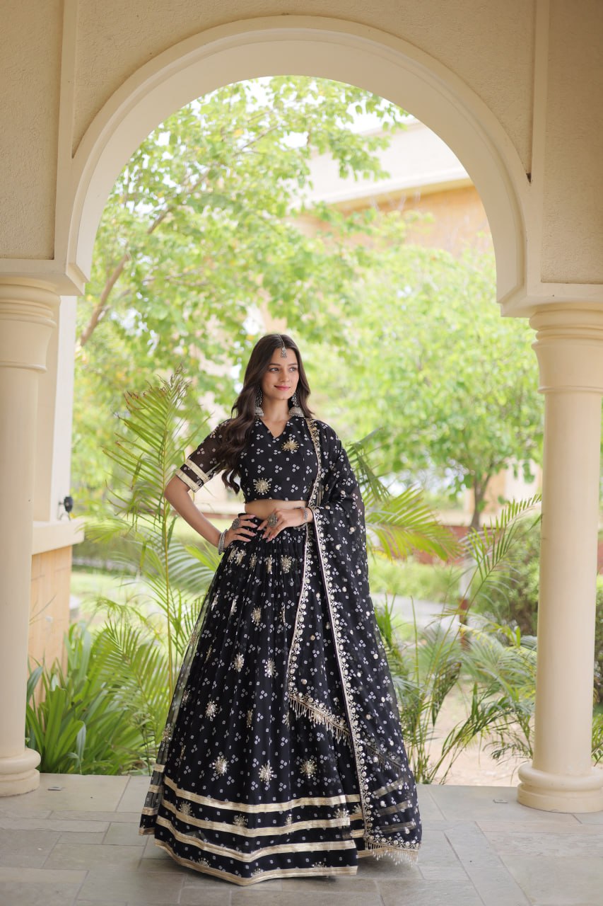Premium Faux Georgette Bandhej Print Lehenga Choli with Embroidery & Dupatta