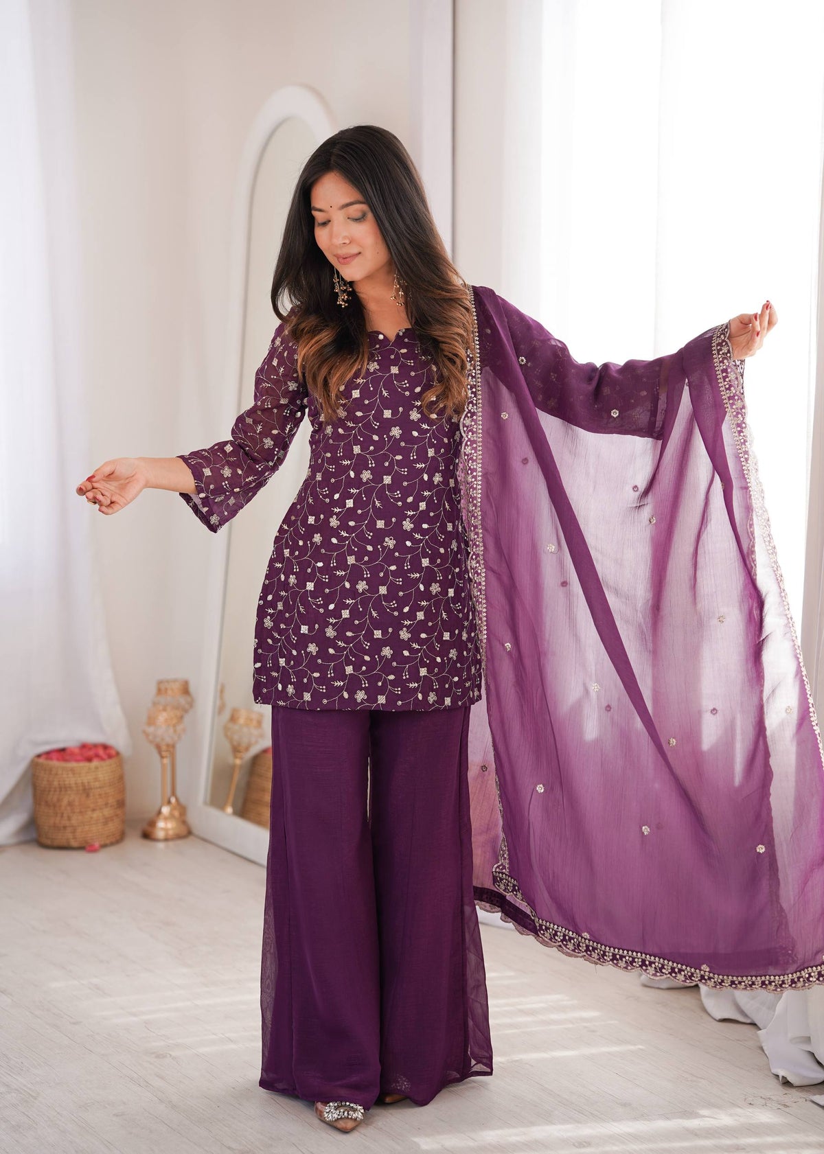 Premium Crunchy Silk Top Pant Set with Embroidery, Sequin & Jari Work