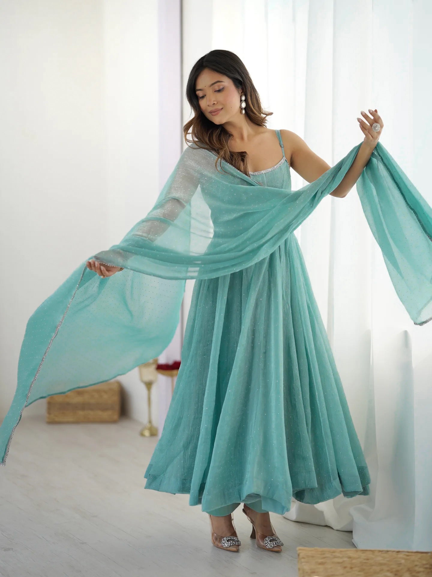 Premium Crunchy Silk Anarkali Gown Set with SiroSki Work, Dupatta & Pant