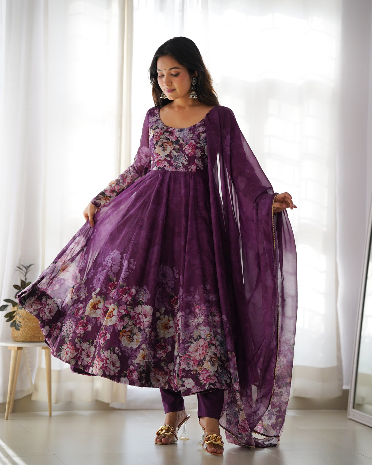 Premium Organza Silk Printed Anarkali Gown with Kali Flare, Canvas Patta & Gota Patti Dupatta