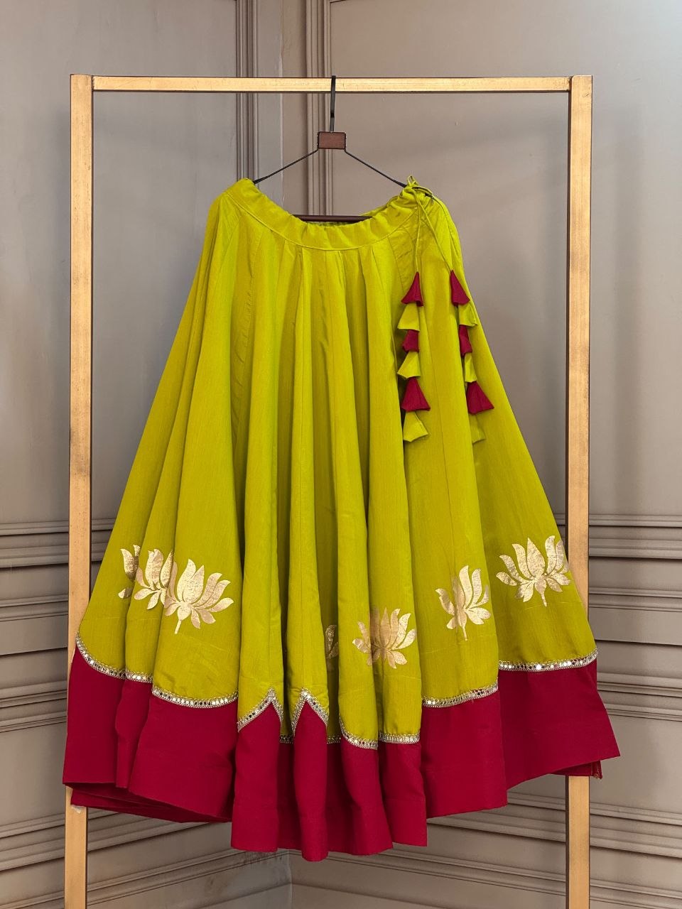 Premium Roman Fabric Navratri Lehenga with Lotus Gota & Mirror Lace Work | ByRavina-7172