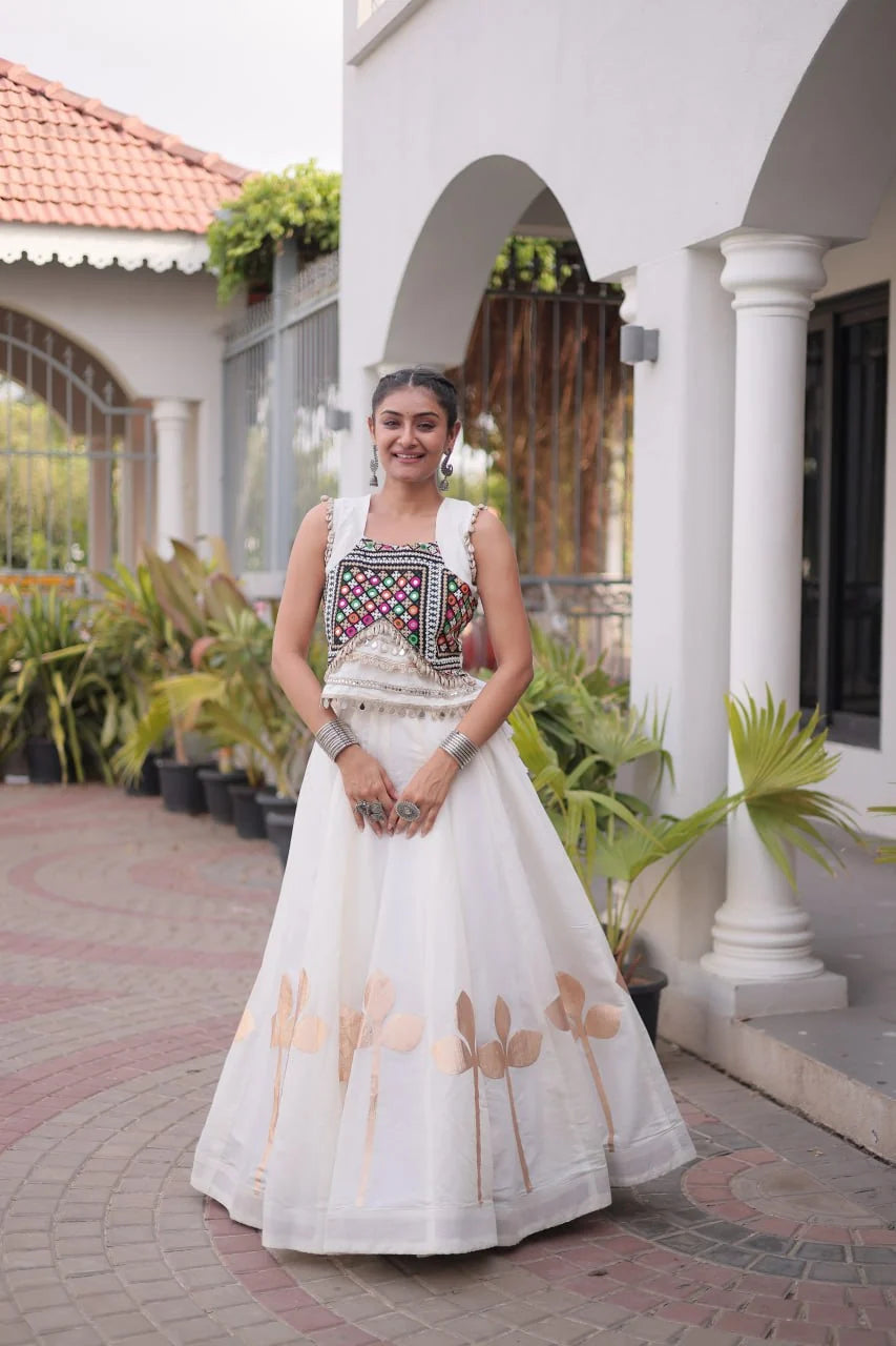 Premium Roman Silk Navratri Lehenga Choli with Pan-Patti Gota & Mirror Lace Work