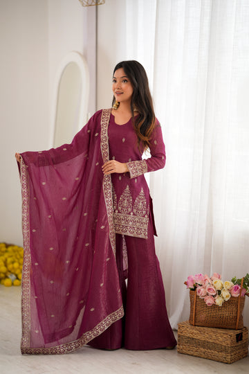 Premium Crunchy Silk Top & Bell Bottom Pant Set with Embroidery, Sequin & Jari Work