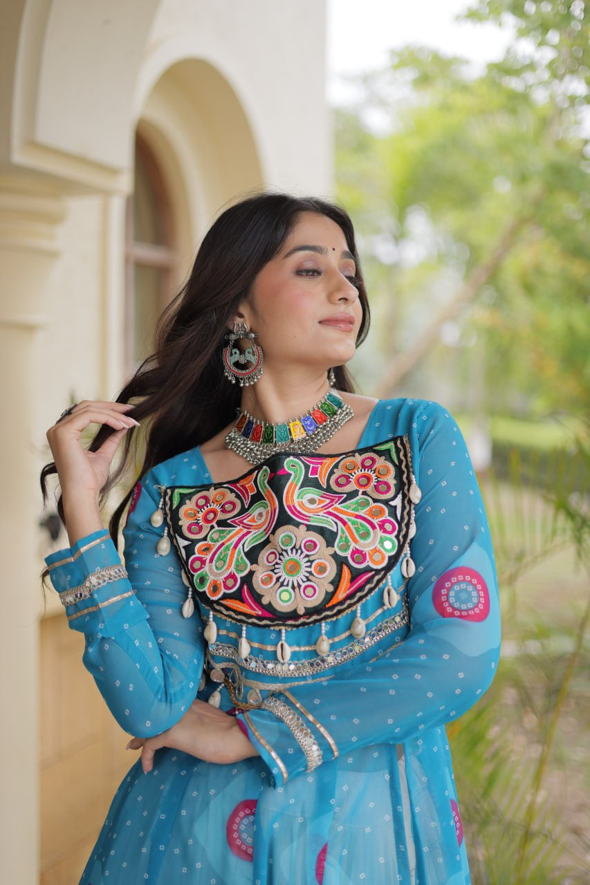 Premium Kora Cotton Navratri Lehenga with Bandhani Print & Kutchi Patchwork Kurti