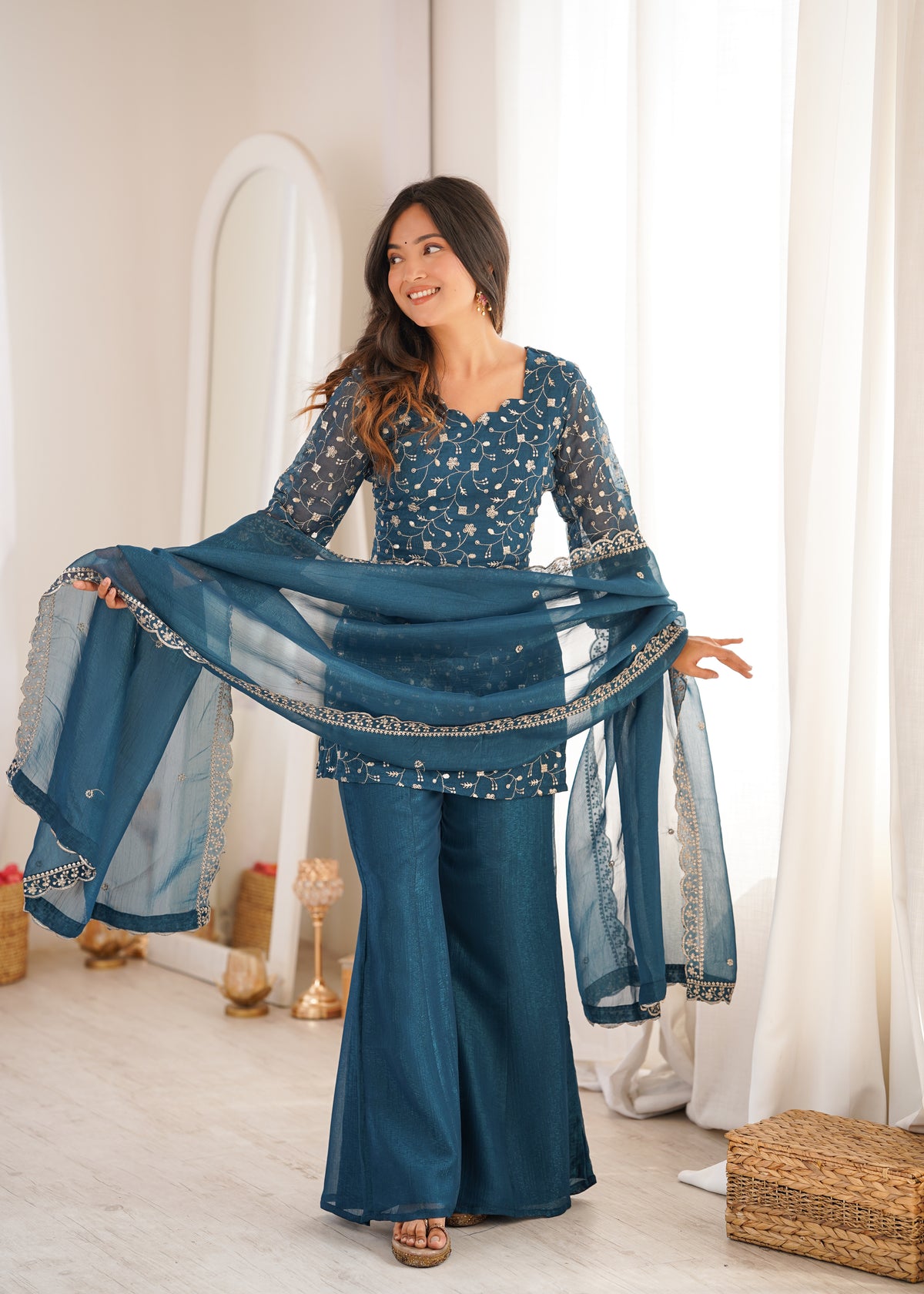 Premium Crunchy Silk Top Pant Set with Embroidery, Sequin & Jari Work