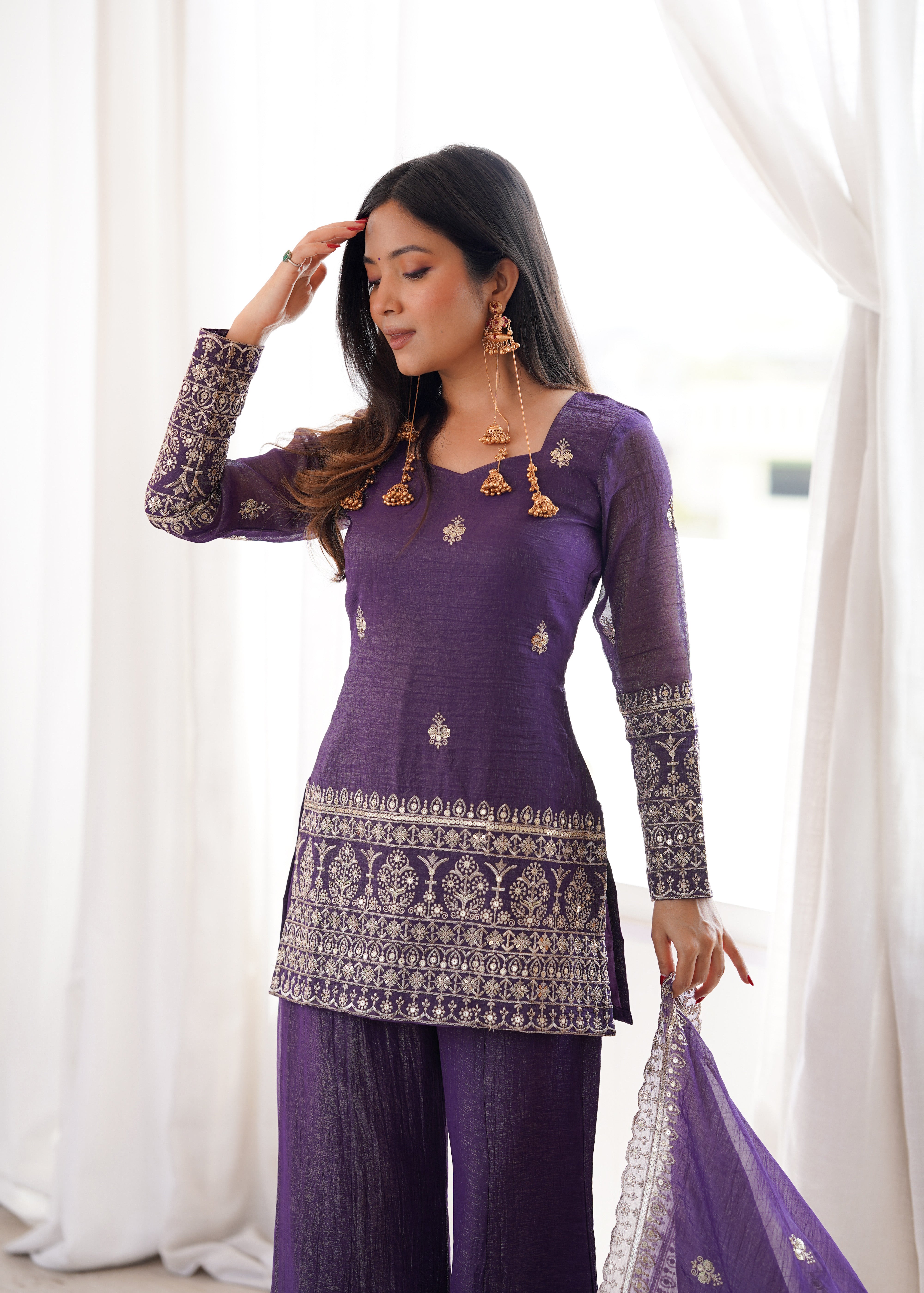 Premium Crunchy Silk Embroidered Bell Bottom Set
