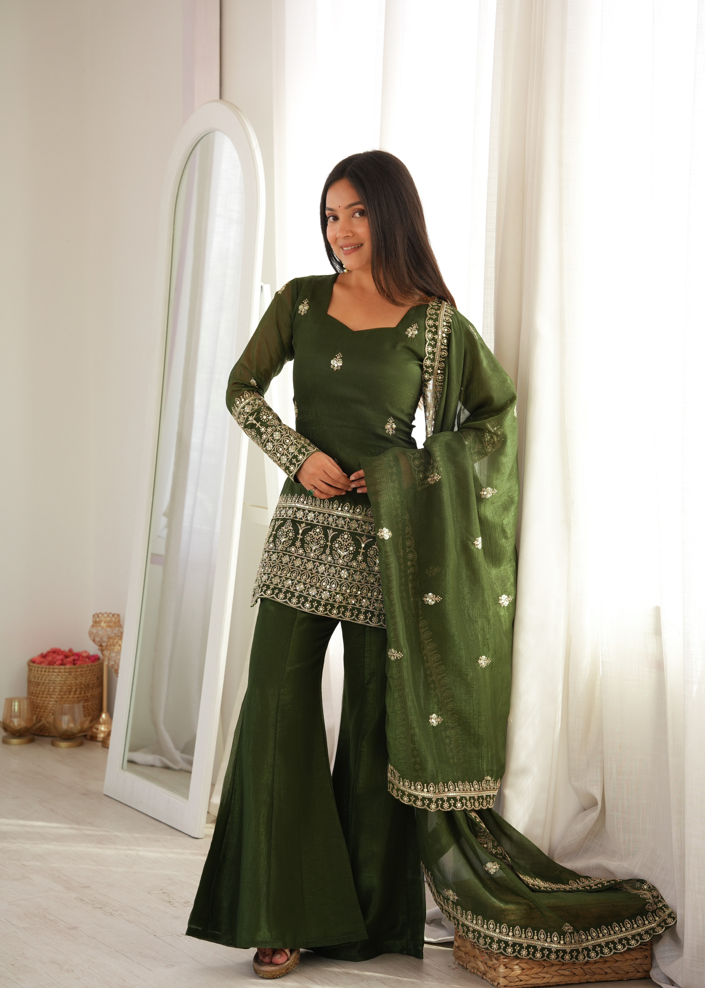 Premium Crunchy Silk Embroidered Bell Bottom Set