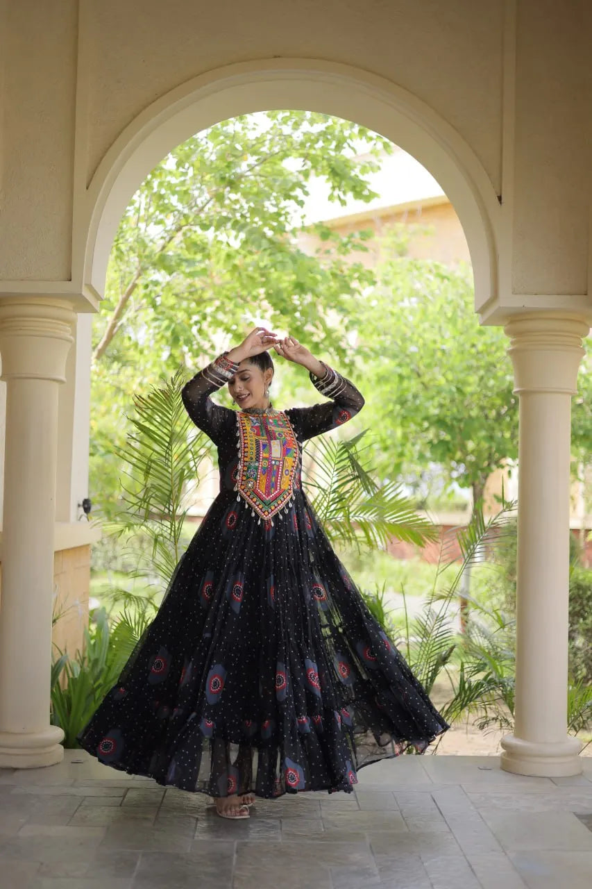 Premium Faux Georgette Navratri Gown with Bandhani Print & Kutchi Patchwork