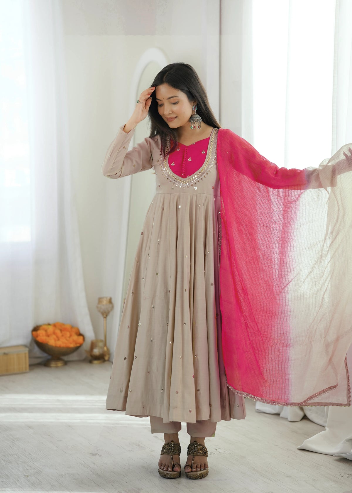 Premium Roman Silk Anarkali Gown with Embroidery, Sequin & Real Mirror Work