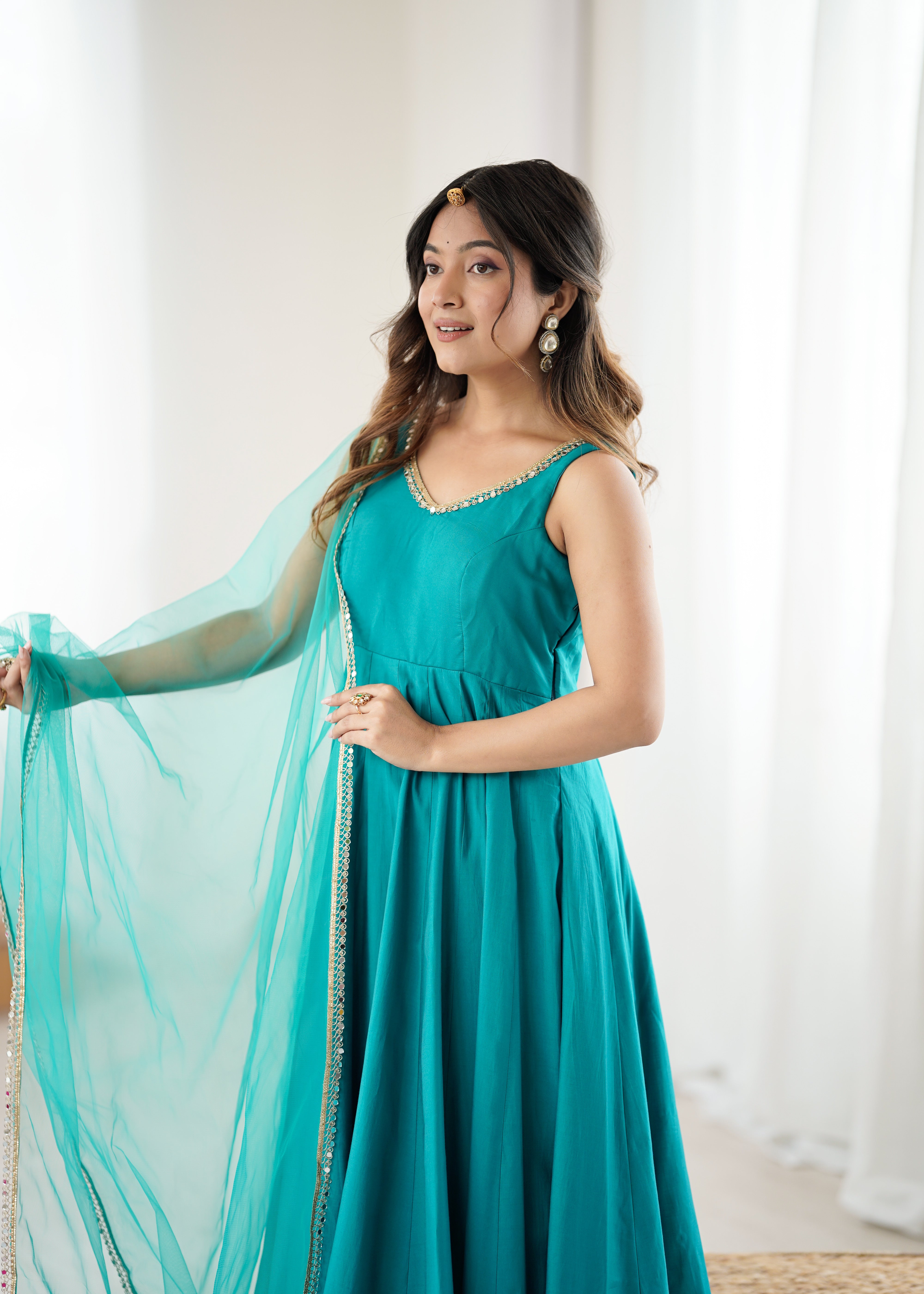 Premium Pure Romansilk Chanderi 4 Meter Flared Anarkali Gown Set
